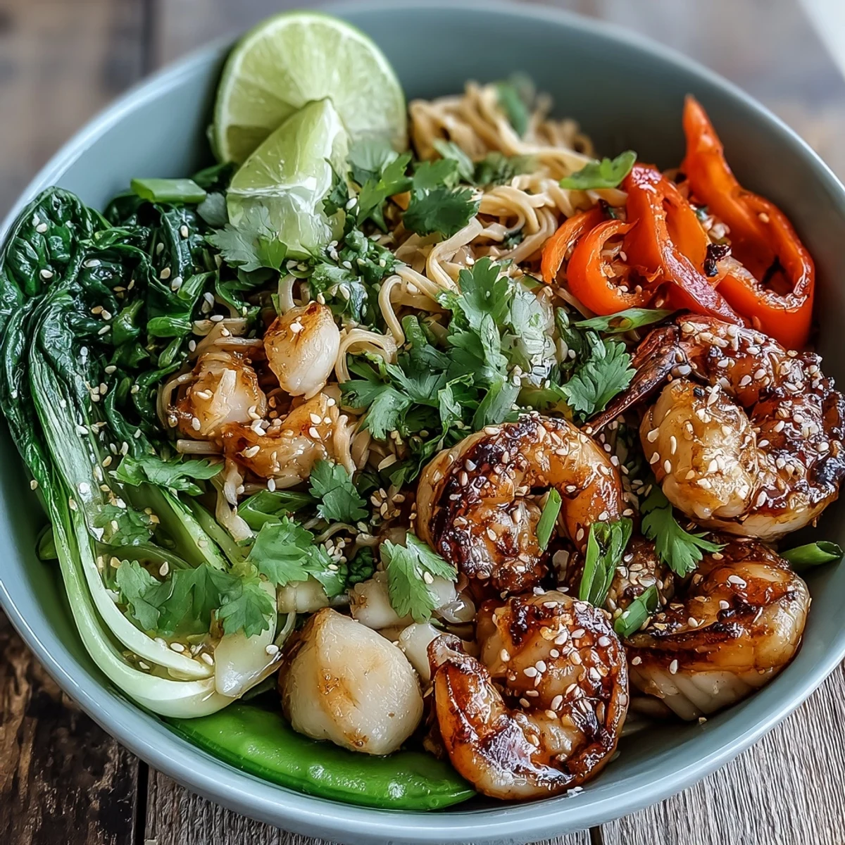 Quick-cooking seafood and crisp veggies highlight this savory Asian Noodle Bowl with Shrimp and Scallops served over silky noodles.