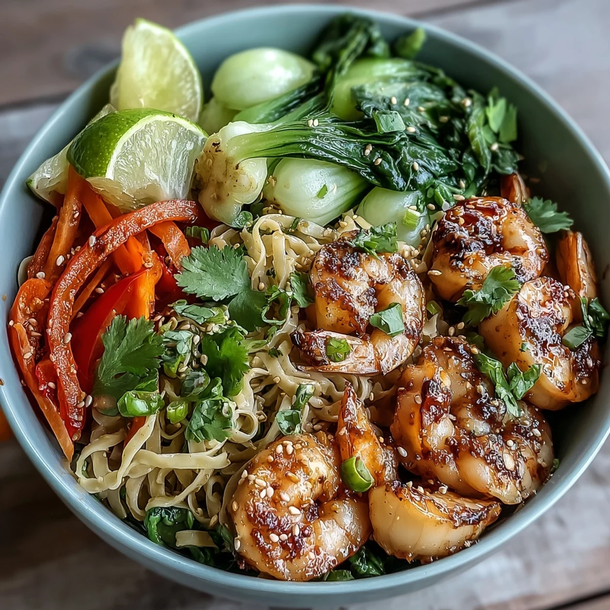 Tender shrimp and scallops simmer in aromatic broth for a comforting Asian Noodle Bowl with Shrimp and Scallops at dinnertime.