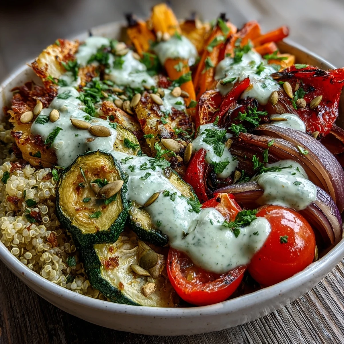 A wholesome, gluten-free Roasted Vegetable Quinoa Bowl with colorful veggies, fluffy grains, and a rich tahini sauce, garnished with parsley.