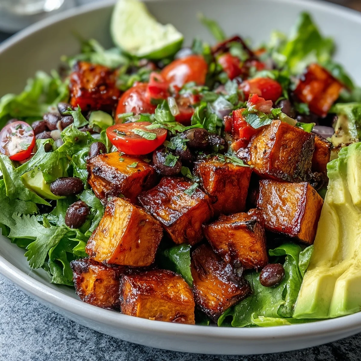 Roasted sweet potato and black bean bowl topped with fresh avocado, juicy cherry tomatoes, and vibrant cilantro. 