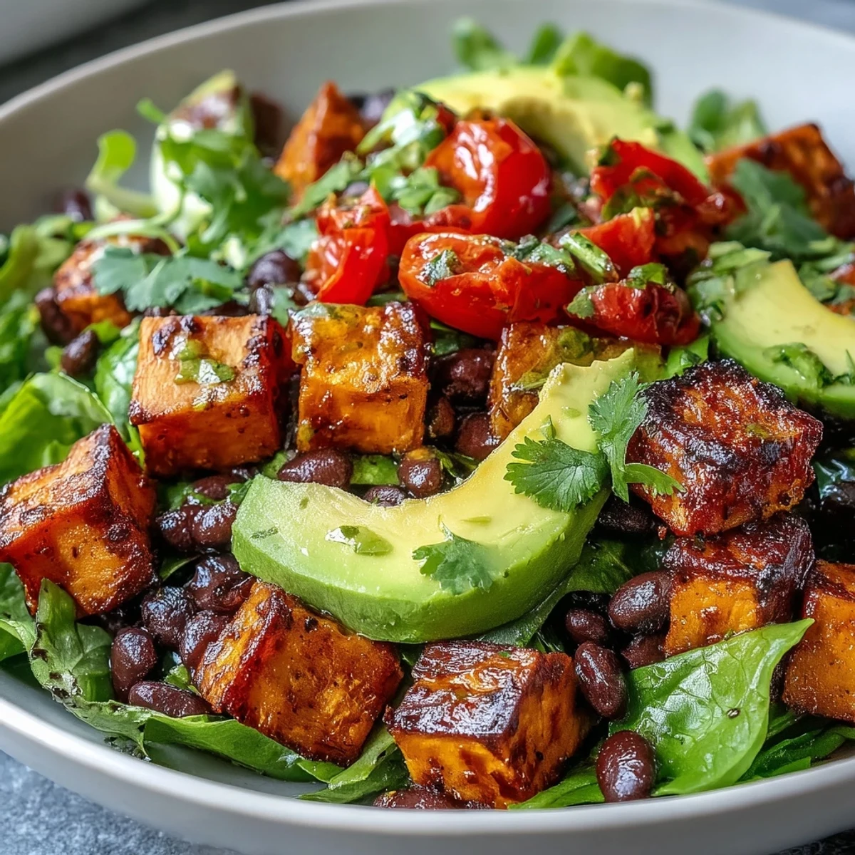 Colorful, fiber-rich sweet potato and black bean bowl garnished with lime wedges on a rustic table.