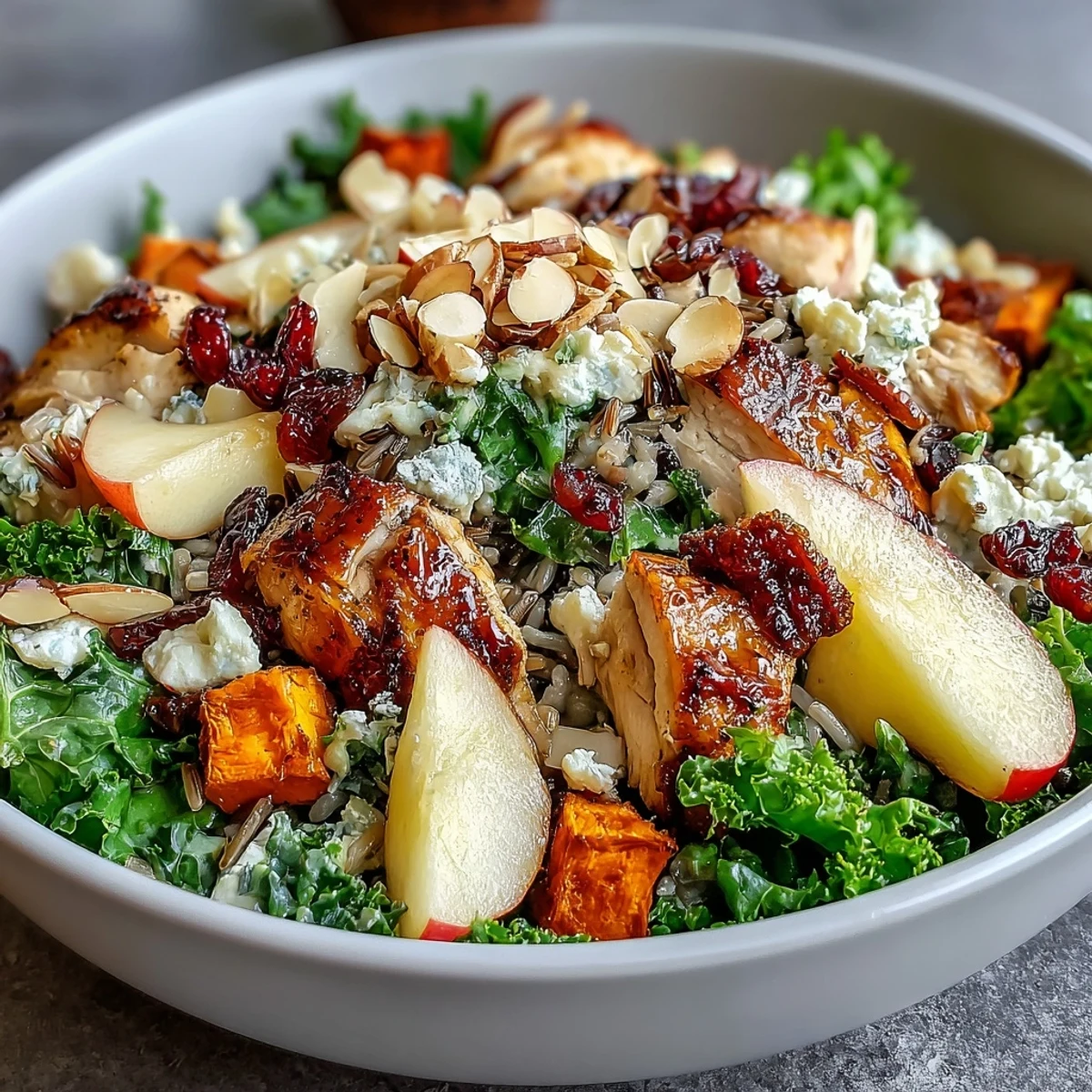 A vibrant Harvest Bowl featuring roasted sweet potatoes, sliced chicken, wild rice, kale, sliced almonds, and crumbled goat cheese on a white plate.