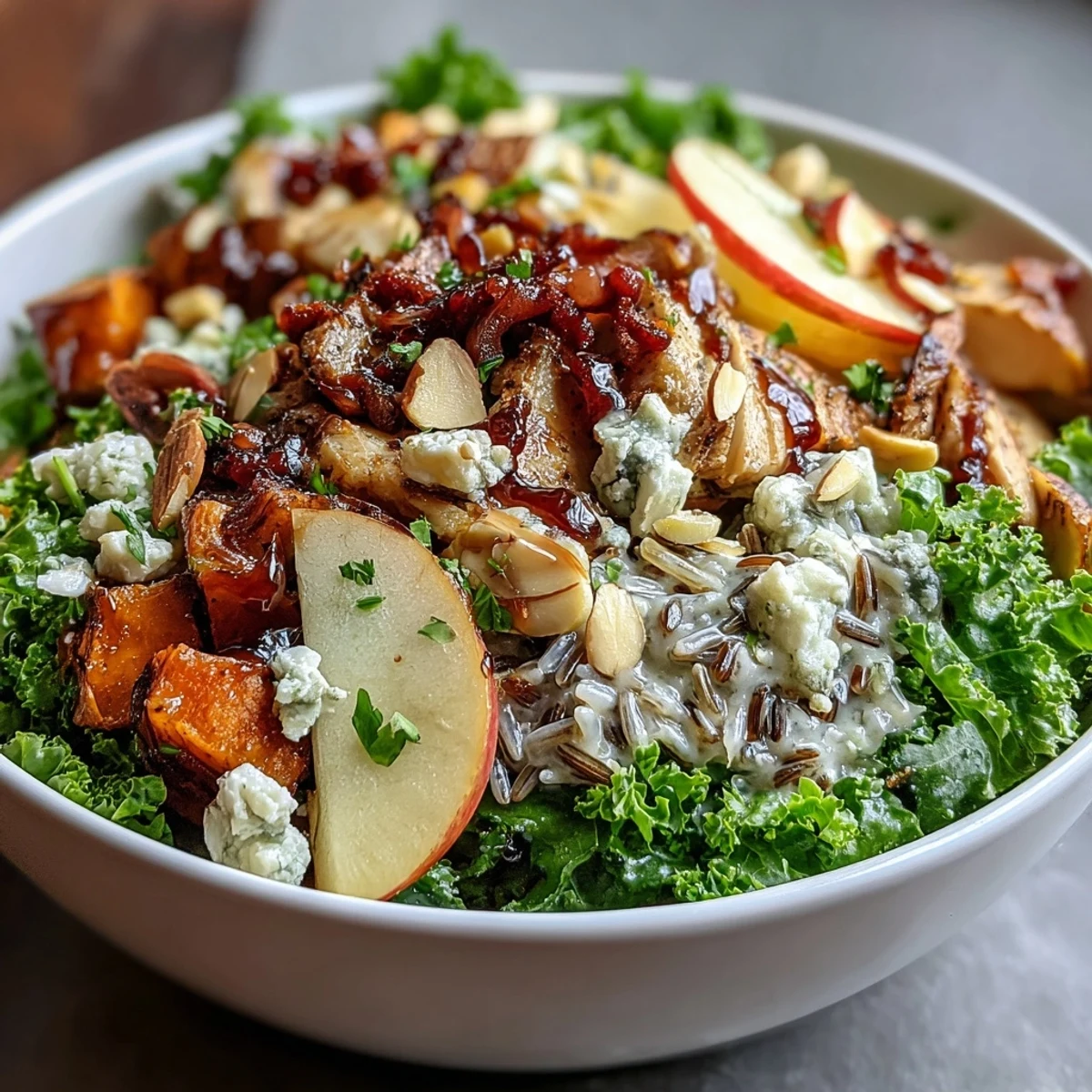 Close-up of a Harvest Bowl showing massaged kale, wild rice, roasted chicken, goat cheese, and toasted almonds for a nutritious gluten-free meal.