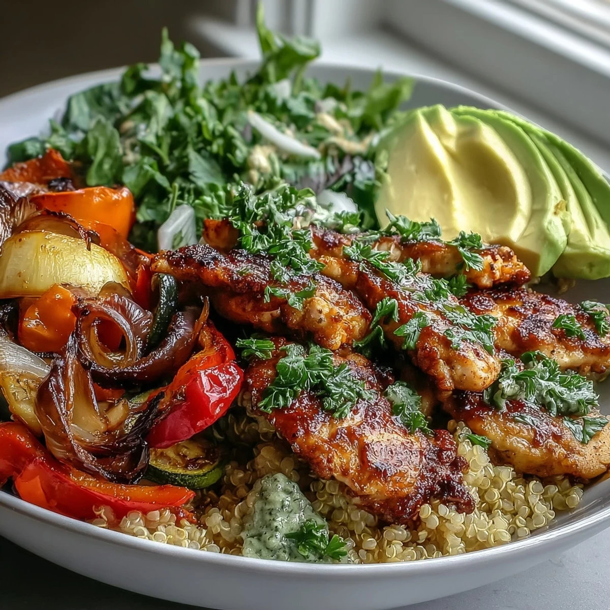 Golden pan-fried chicken and paprika roasted vegetables top a fluffy quinoa base.