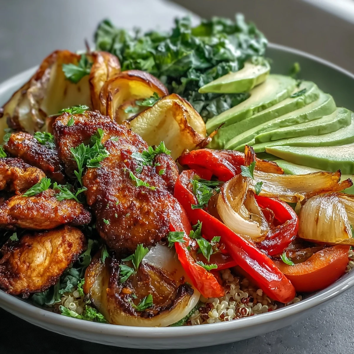 Lemon salad and creamy avocado complete this vibrant Paprika Roasted Vegetable Quinoa Bowl.