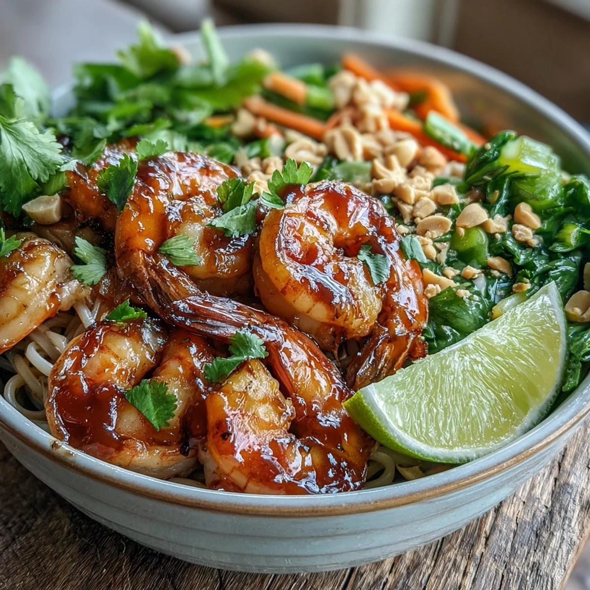 Quick stir-fried Asian Noodle Bowl featuring juicy shrimp, rice noodles, and colorful vegetables for a healthy meal.