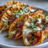 Crispy Chicken Wonton Tacos topped with creamy sriracha mayo and cilantro garnish.