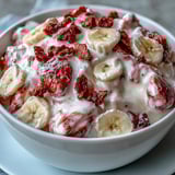 Frozen Greek yogurt bites with strawberry swirl, honey drizzle, and crunchy banana chips for dessert.