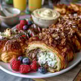 Vibrant Mothers Day brunch board with assorted pastries, fresh berries, and mimosas on a rustic platter.