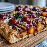 Rustic summer stone fruit galette with frangipane, golden pastry wrapped around juicy peaches, plums, and cherries, sprinkled with coarse sugar.