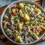 Creamy Hawaiian pasta salad with diced ham, sweet pineapple, and crunchy veggies, topped with tangy ranch dressing.  