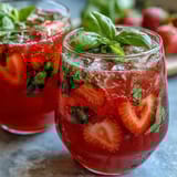 Vibrant strawberry basil lemonade mocktail in a glass pitcher, garnished with fresh herbs and fruit.