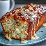 Tender Lemon Lavender Loaf Cake crumb, topped with delicate floral honey glaze drizzle.