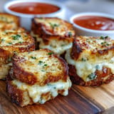 Crispy petite grilled cheese dippers alongside vibrant, warm tomato soup perfect for snacking.