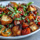 Juicy Summer Panzanella, a refreshing grilled bread salad with crisp vegetables.