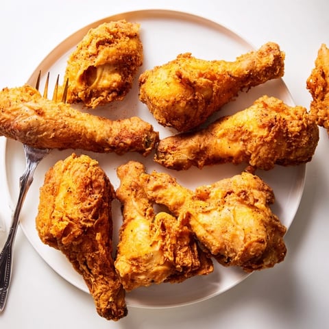 Golden brown fried chicken pieces glistening with seasoning, served hot and crispy on a wire rack