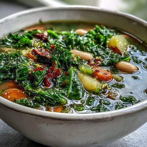 A steaming bowl of homemade Kale Soup, packed with tender kale, diced carrots, and creamy cannellini beans in a savory vegetable broth.
