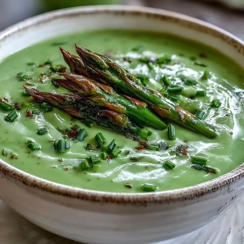 A bowl of creamy asparagus soup garnished with fresh chives and tender asparagus tips, served warm and ready to enjoy.