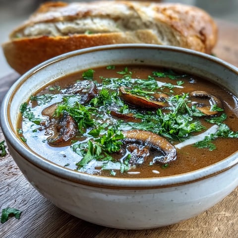 A steaming bowl of Mushroom Soup garnished with fresh parsley, served with crusty bread for dipping.