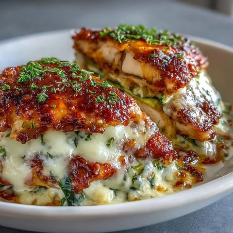 Freshly baked High Protein Chicken Zucchini Bake with melted mozzarella and golden edges in a white dish.