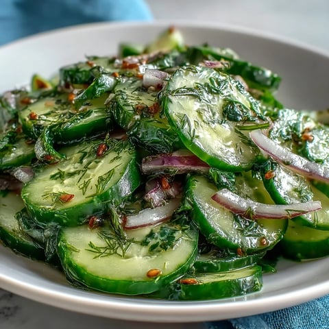 Bright chilled Refreshing Crunchy Cucumber Salad with thinly sliced cucumbers, red onion, and fresh dill in a tangy vinegar dressing.