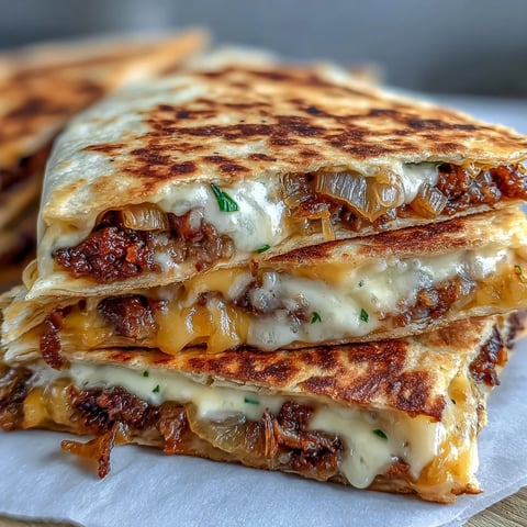 Golden-brown Cheesy Griddled Smashburger Quesadillas are sliced into wedges, revealing melted cheddar, American cheese, and caramelized onions on the griddle.