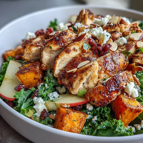 Fall Sweet Potato Harvest Bowl with roasted chicken, golden sweet potatoes, crisp apple slices, and creamy goat cheese for a cozy autumn meal.