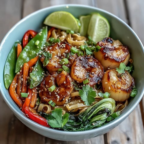 Fragrant Asian Noodle Bowl with Shrimp and Scallops garnished with lime, cilantro, and toasted sesame seeds in a savory broth.