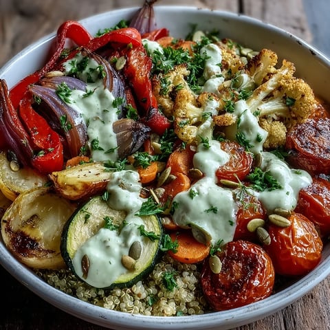 Vibrant sheet pan roasted vegetables and fluffy quinoa, topped with creamy tahini drizzle, make this Roasted Vegetable Quinoa Bowl a perfect vegan dinner.