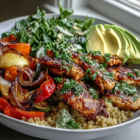 Golden pan-fried chicken and paprika roasted vegetables top a fluffy quinoa base.