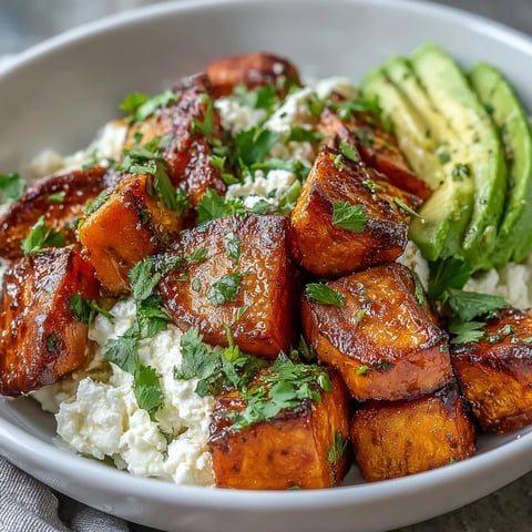 Roasted sweet potato cubes with crispy edges are arranged with creamy avocado and cottage cheese in a warm bowl. A spicy-sweet hot honey drizzle glistens over the top, ready to enjoy.