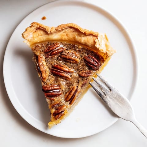 A close-up of a rich Southern Pecan Pie slice, showing gooey brown sugar custard and toasted pecans on a white plate.