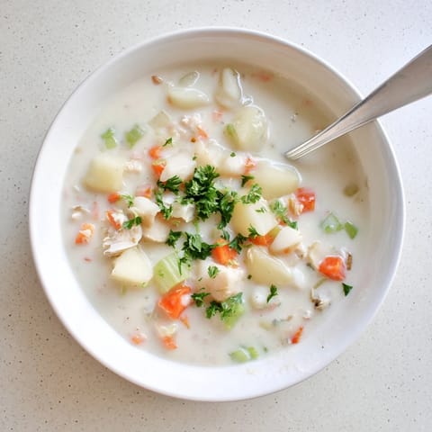 Creamy New England Clam Chowder served hot in a rustic bowl, garnished with fresh parsley and oyster crackers.