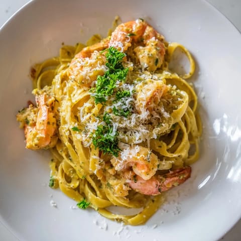 Wide-angle view of Creamy Garlic Shrimp Pasta served in a rustic bowl, featuring succulent shrimp nestled in al dente linguine smothered in rich Parmesan cream sauce, ready to be enjoyed.
