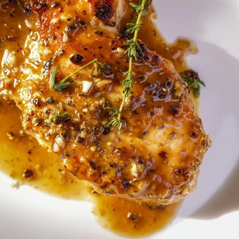 Juicy, gluten-free Honey Dijon Chicken Skillet garnished with parsley, served alongside fluffy rice for a weeknight dinner.