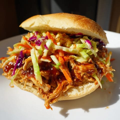 Steam rises from tender pulled barbecue chicken piled high on a soft brioche bun, with creamy slaw spilling out over the plate.