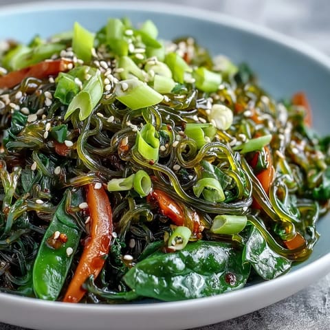 Colorful kelp noodle stir-fry with vibrant vegetables and a zesty ginger sauce.