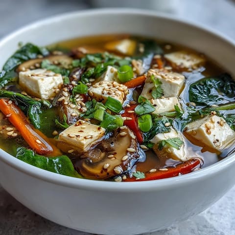 Warming Asian tofu and vegetable soup, perfect for a light, healthy lunch.