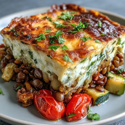 Comforting green lentil vegetable casserole topped with golden cheese, ready to serve.