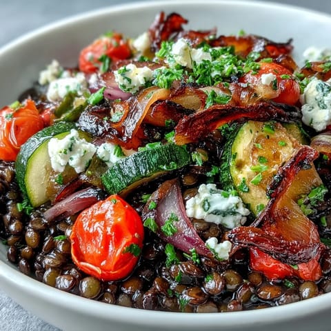 Hearty black lentil salad bursting with tender roasted vegetables and fresh herbs.