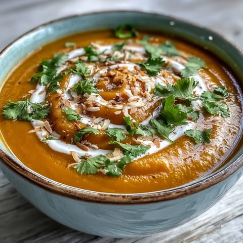 A close-up of creamy, bright orange carrot and coconut soup in a white bowl, garnished with toasted coconut flakes and cilantro.