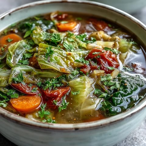 A steaming bowl of homemade Cabbage Soup, filled with tender carrots, celery, and vibrant tomatoes, garnished with fresh parsley.