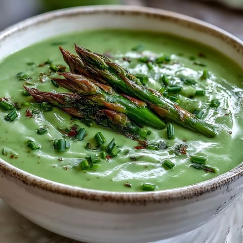 A bowl of creamy asparagus soup garnished with fresh chives and tender asparagus tips, served warm and ready to enjoy.