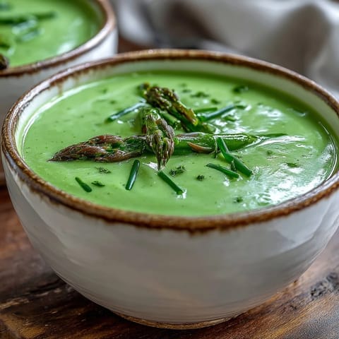 Vibrant green pureed asparagus soup in a rustic bowl, garnished with lemon zest and a drizzle of cream for a silky finish.