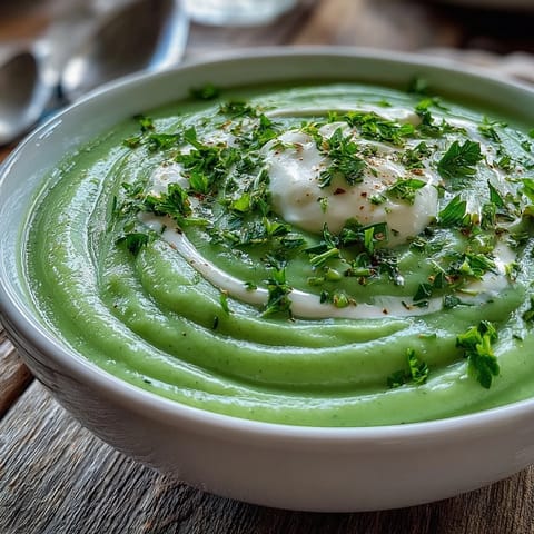 Zucchini soup in a rustic ceramic bowl with chopped herbs and lemon zest, served alongside crusty bread.  