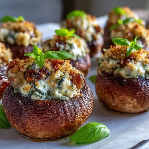 A platter of warm Stuffed Asiago-Basil Mushrooms garnished with fresh basil, perfect for elegant appetizers.