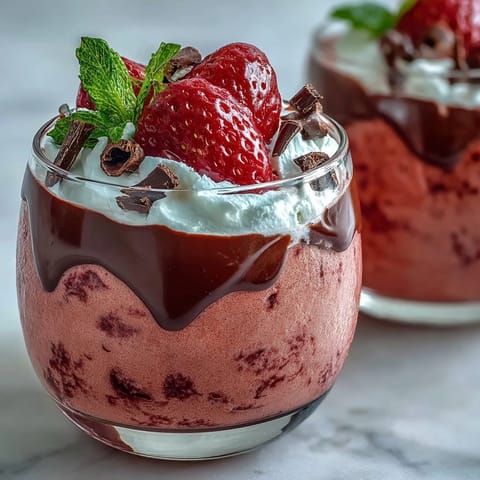 Delicate Chocolate-Covered Strawberry Mousse served in elegant stemware, garnished with mint leaves and shaved chocolate, ready for a romantic dessert course.