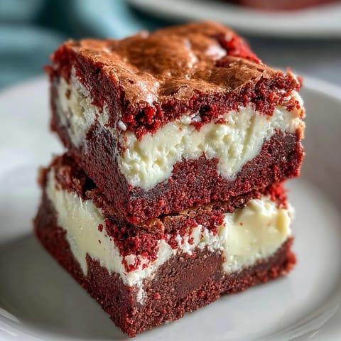 Decadent Red Velvet Cheesecake Brownies cut into squares, revealing fudgy cocoa layers and rich cream cheese frosting.