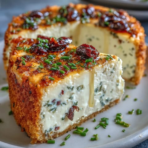 A wedge of Kalamata Cheesecake Appetizer reveals a creamy filling with herbs on a cracker near olive branches.