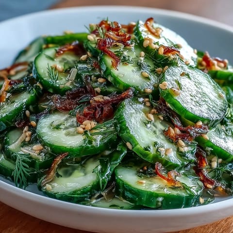 Serving of Refreshing Crunchy Cucumber Salad topped with sesame seeds, paired with grilled salmon on a white plate for a fresh meal.